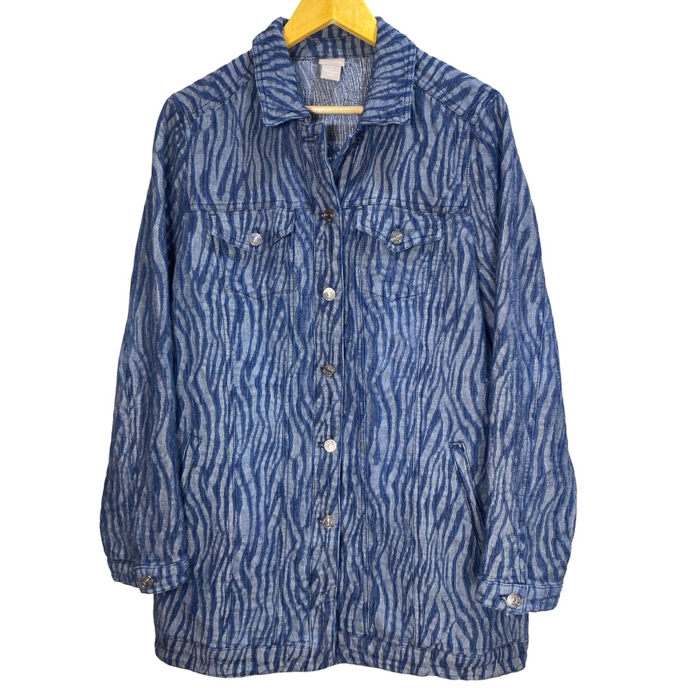 Chicos Blue Zebra Print Button Front Jacket Womens Size 1 M 8-10 Textured Woven